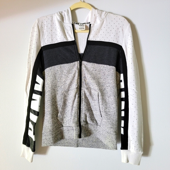 PINK Victoria's Secret Tops - Victoria's Secret PINK Rhinestone Zip Up Hoodie Black White. No Strings